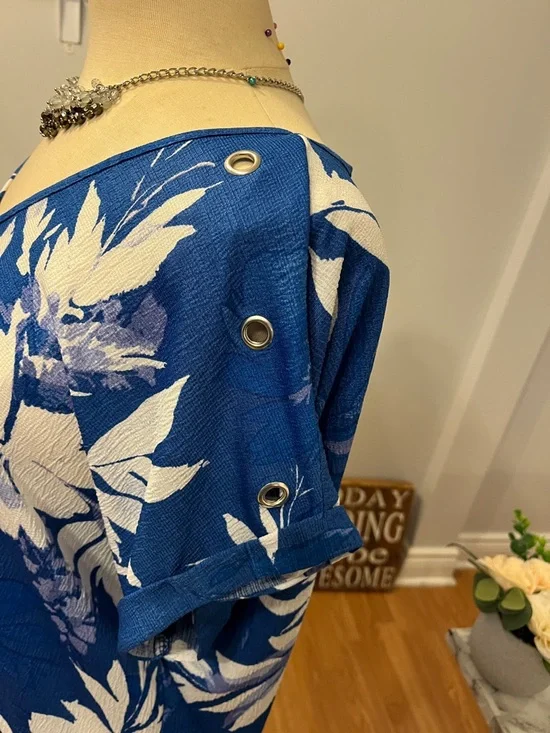 😍SHOW SPECIAL LILY MORGAN Blue & White Floral Drop Sleeve Blouse Ring Detail XL - Picture 3 of 8